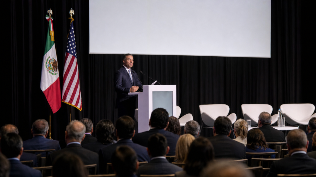 Omar García Harfuch interviene ante delegados en una conferencia internacional de seguridad.