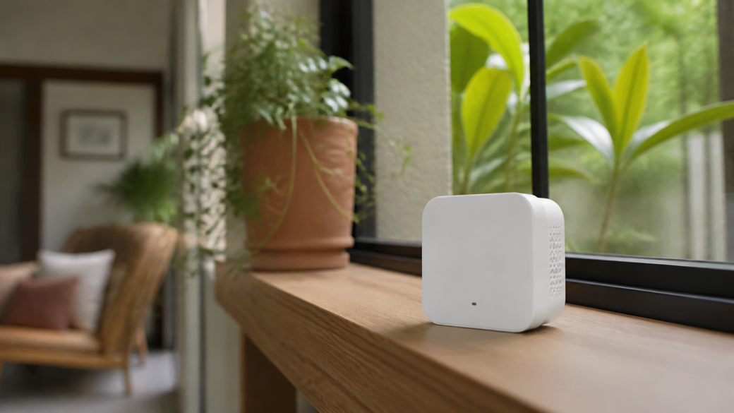 Sensor doméstico de calidad del aire sobre una mesa junto a una ventana y plantas de interior