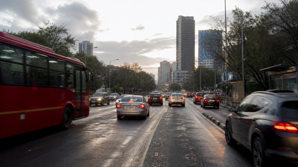 Avenida de la Ciudad de México con tráfico moderado, cielo nublado y lluvia sobre el pavimento